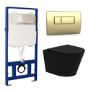 Matt Black Wall Hung Rimless Toilet Soft Close Seat, Brushed Brass Pneumatic Flush Plate, 1168mm Frame & Cistern – Verona