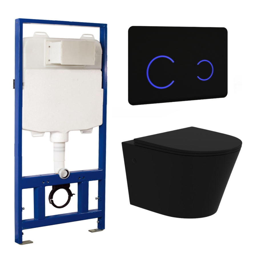 Matt Black Wall Hung Rimless Toilet with Soft Close Seat, Black Glass Sensor Flush Plate, 1168mm Frame & Cistern – Verona