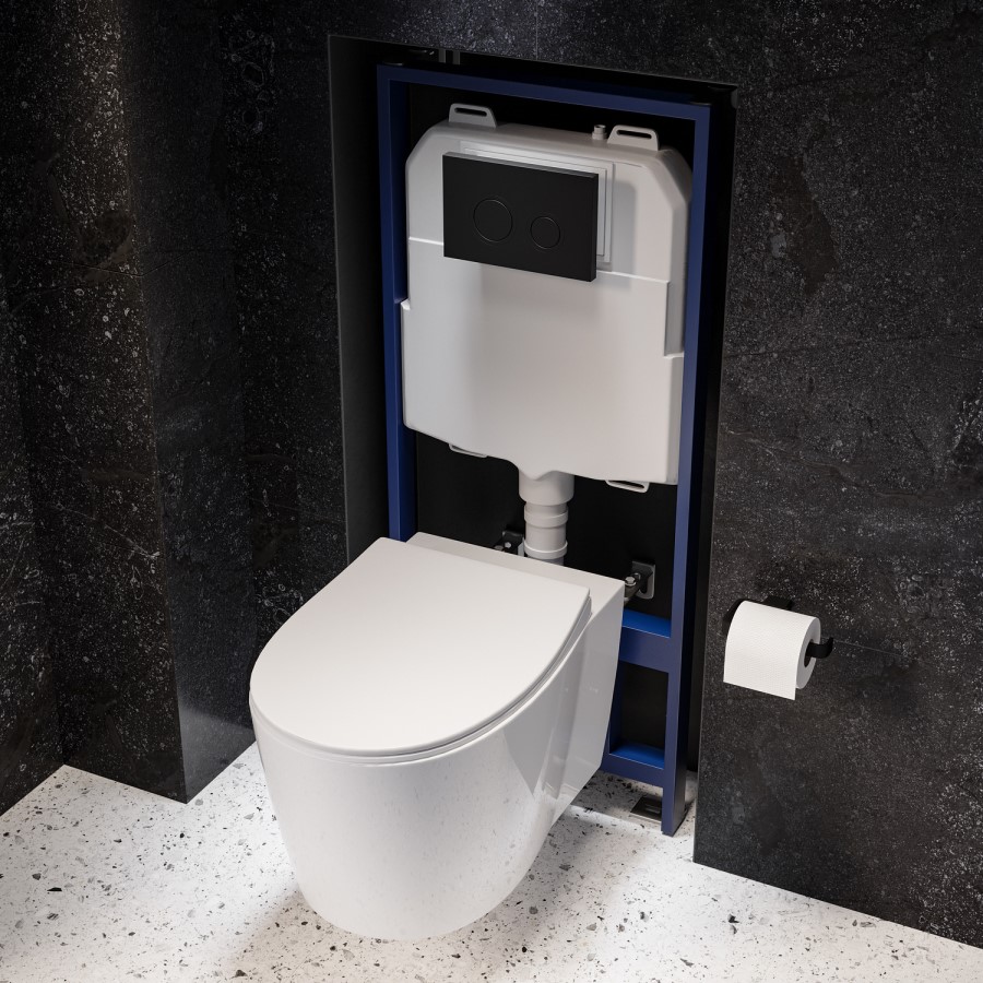 Wall Hung Rimless Toilet with Soft Close Seat, Black Mechnical Flush Plate, 1168mm Frame & Cistern – Alcor