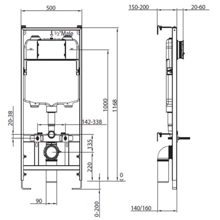 Wall Hung Rimless Toilet with Soft Close Seat, Black Mechnical Flush Plate, 1168mm Frame & Cistern – Alcor