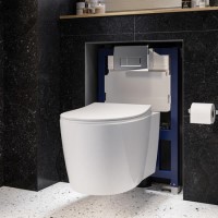 Wall Hung Rimless Toilet with Soft Close Seat, Chrome Pneumatic Flush Plate, 820mm Frame & Cistern – Alcor