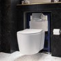 Wall Hung Rimless Toilet with Soft Close Seat, Chrome Pneumatic Flush Plate, 820mm Frame & Cistern – Alcor
