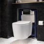 Wall Hung Rimless Toilet with Soft Close Seat, Matt Black Pneumatic Flush Plate, 820mm Frame & Cistern – Alcor