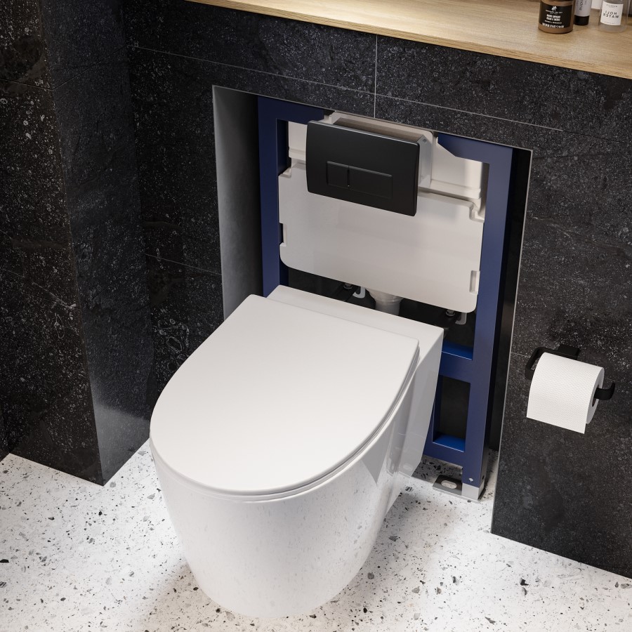 Wall Hung Rimless Toilet with Soft Close Seat, Matt Black Pneumatic Flush Plate, 820mm Frame & Cistern – Alcor