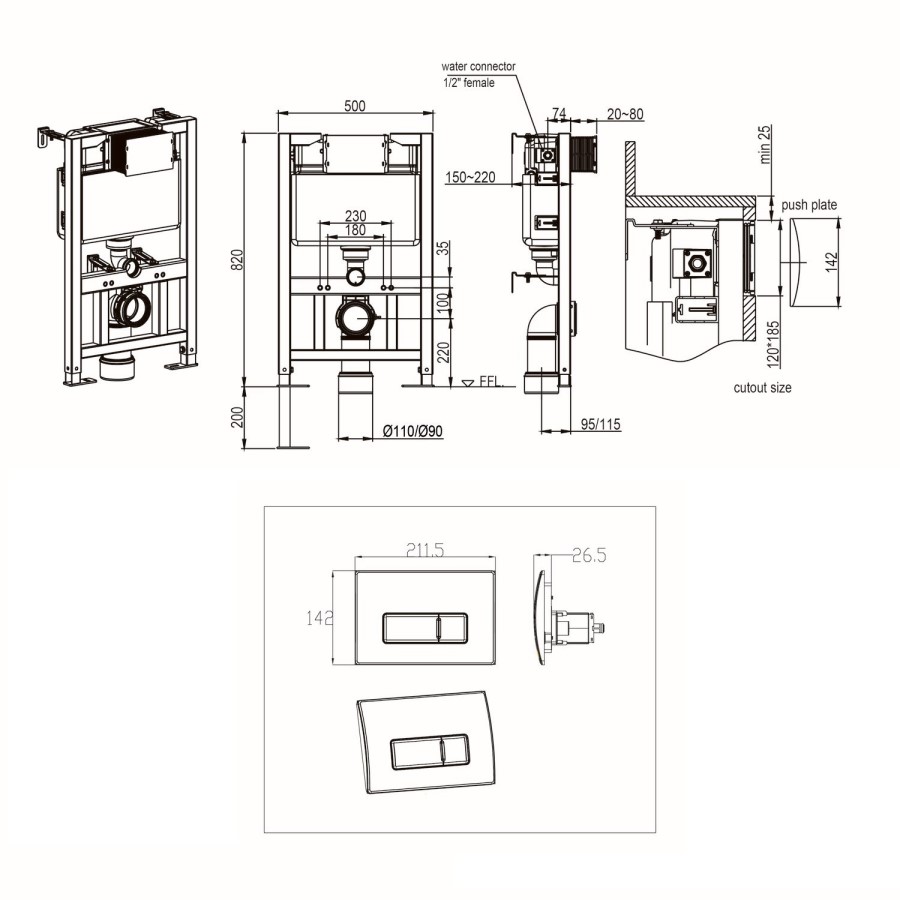 Wall Hung Rimless Toilet with Soft Close Seat, Brushed Brass Pneumatic Flush Plate, 820mm Frame & Cistern – Alcor