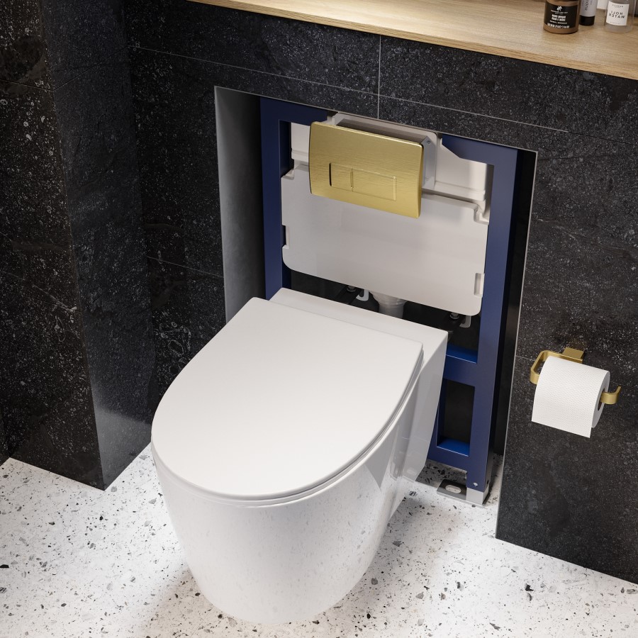 Wall Hung Rimless Toilet with Soft Close Seat, Brushed Brass Pneumatic Flush Plate, 820mm Frame & Cistern – Alcor