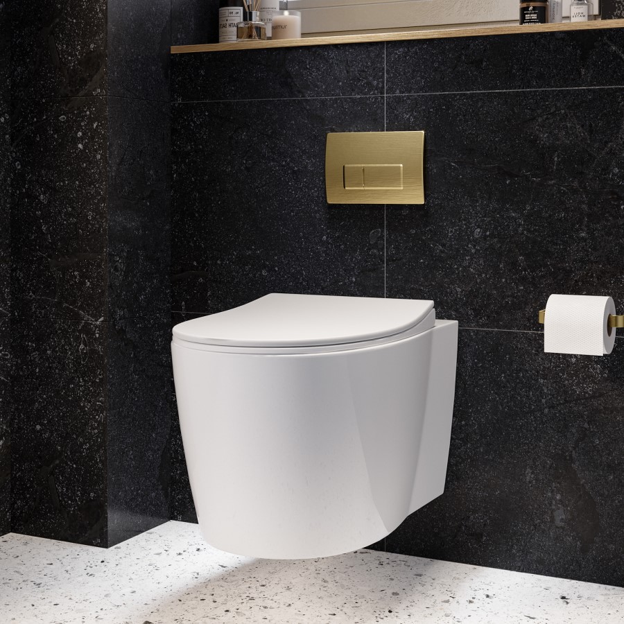 Wall Hung Rimless Toilet with Soft Close Seat, Brushed Brass Pneumatic Flush Plate, 820mm Frame & Cistern – Alcor