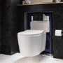 Wall Hung Rimless Toilet with Soft Close Seat, Black Glass Sensor Flush Plate, 820mm Frame & Cistern – Alcor