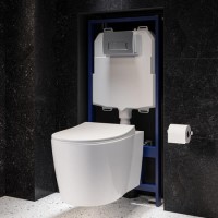 Wall Hung Rimless Toilet with Soft Close Seat, Chrome Pneumatic Flush Plate, 1168mm Frame & Cistern – Alcor