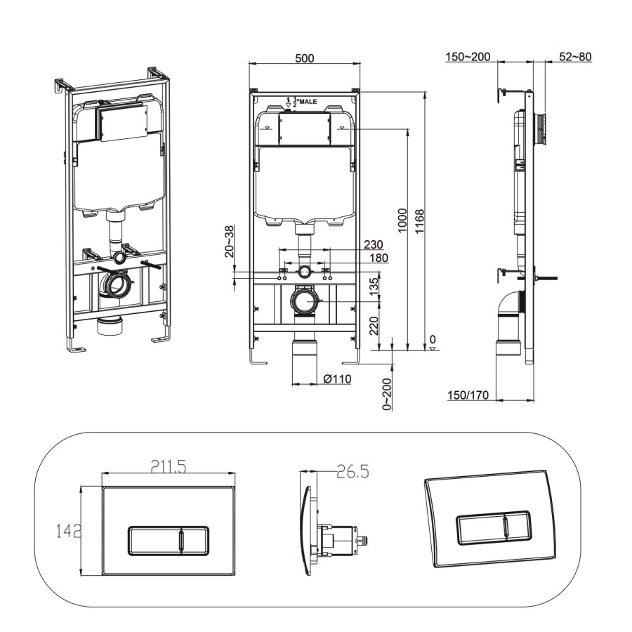 Wall Hung Rimless Toilet with Soft Close Seat, Chrome Pneumatic Flush Plate, 1168mm Frame & Cistern – Alcor