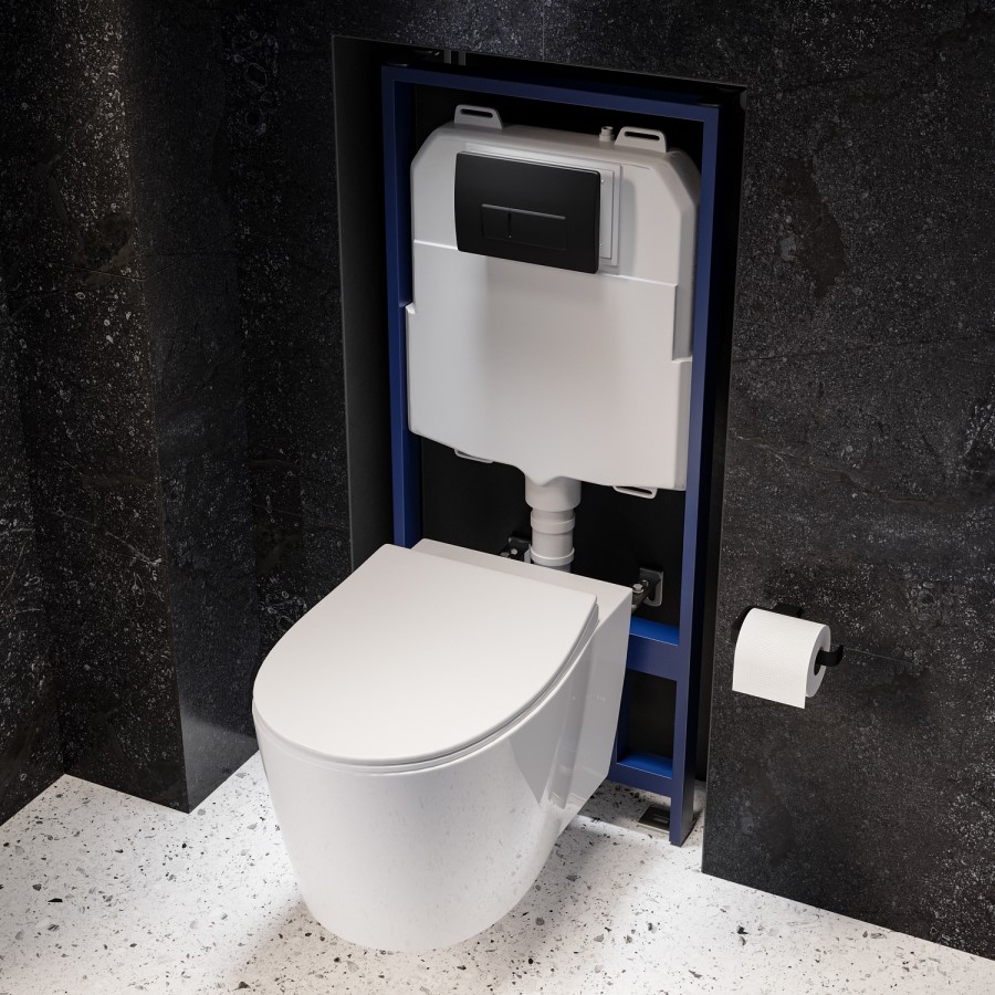 Wall Hung Rimless Toilet with Soft Close Seat, Matt Black Pneumatic Flush Plate, 1168mm Frame & Cistern – Alcor