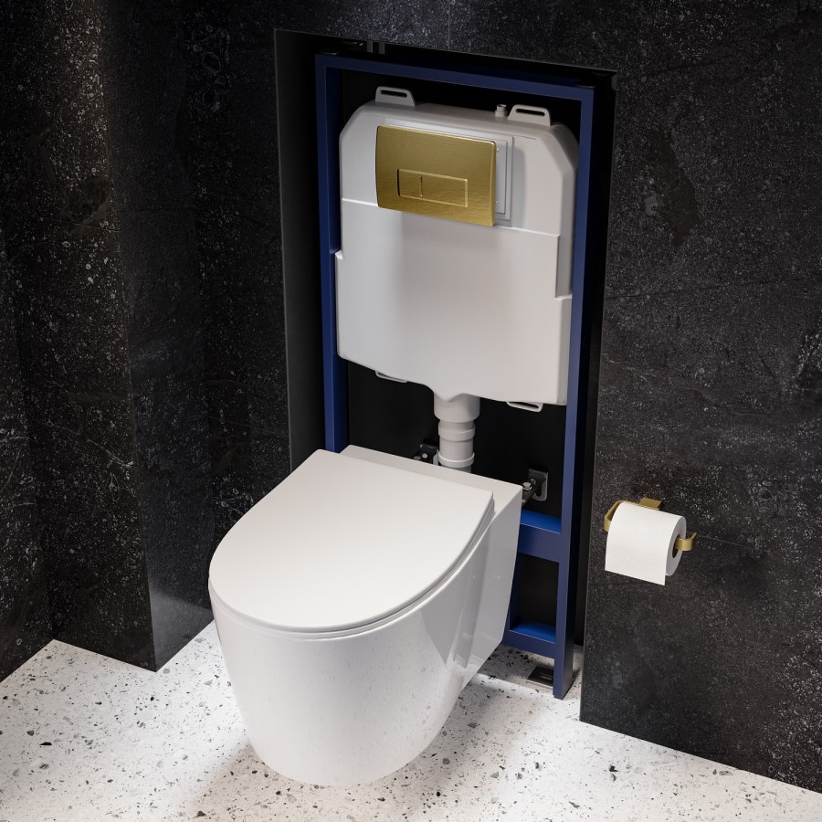 Wall Hung Rimless Toilet with Soft Close Seat, Brushed Brass Pneumatic Flush Plate, 1168mm Frame & Cistern – Alcor