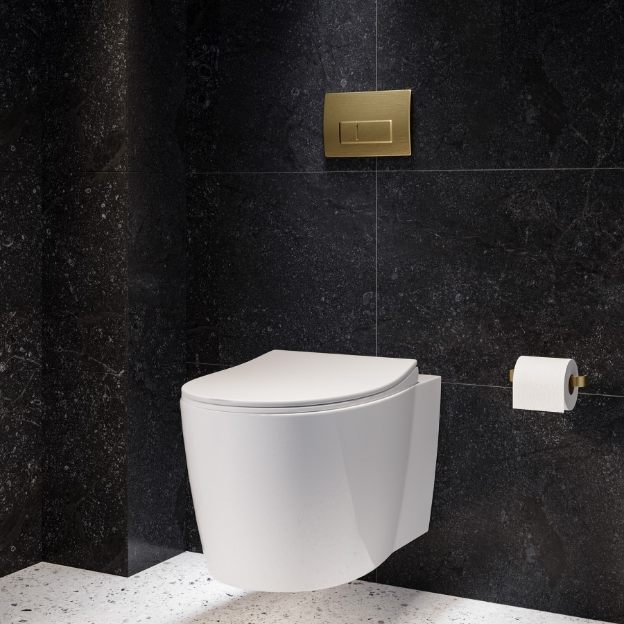 Wall Hung Rimless Toilet with Soft Close Seat, Brushed Brass Pneumatic Flush Plate, 1168mm Frame & Cistern – Alcor