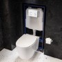 Wall Hung Rimless Toilet with Soft Close Seat, White Glass Sensor Flush Plate, 1168mm Frame & Cistern – Alcor