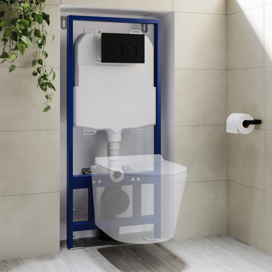 ALMOST PERFECT - Concealed Cistern with 1170mm Wall Hung Toilet Frame and Matt Black Mechanical Flush Plate - Zana