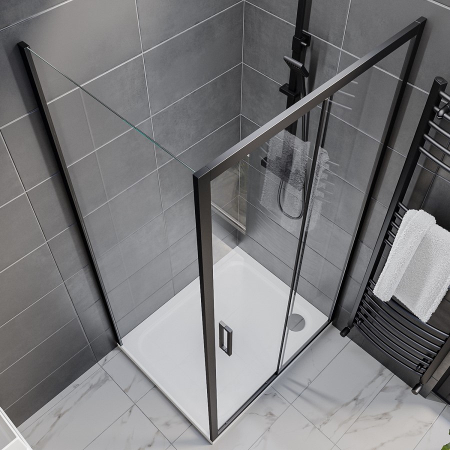1000x800mm Black 8mm Glass Rectangular Sliding Shower Enclosure with Shower Tray - Pavo