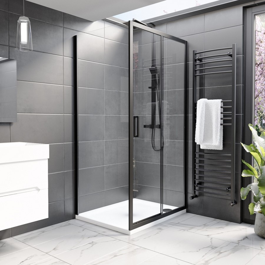 1000 x 800mm Black Rectangular Sliding Door Shower Enclosure with Side Panel Suite with Toilet and Basin - Pavo