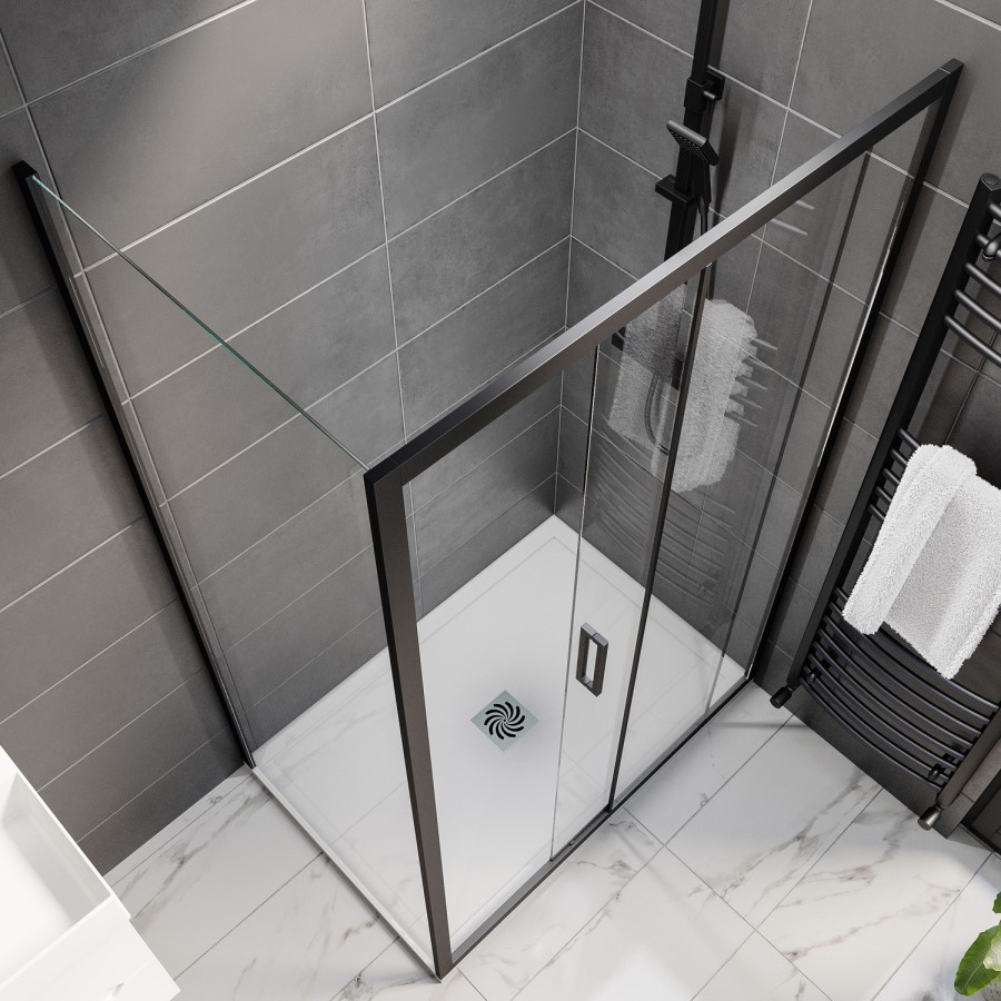 1200x800mm Black 8mm Glass Rectangular Sliding Shower Enclosure with Low Profile Shower Tray - Pavo
