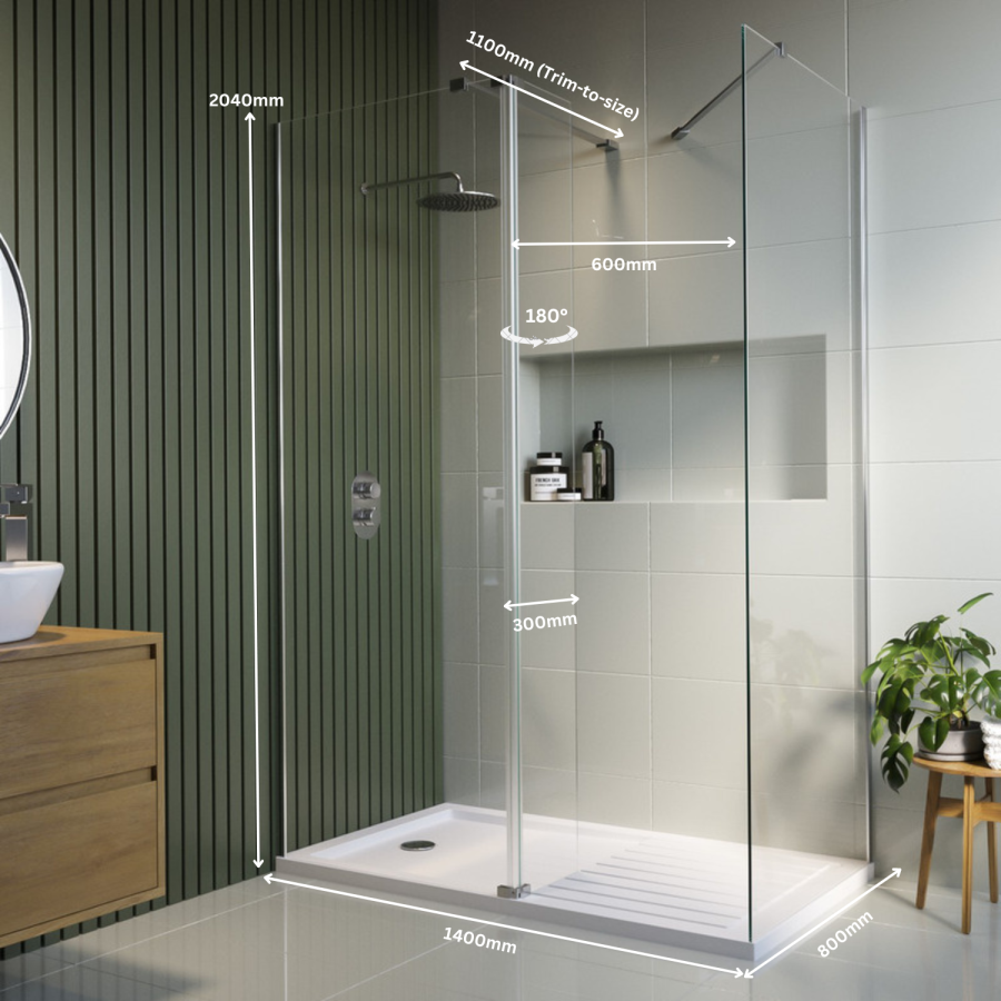 1300x800mm Chrome Walk-In Shower Screen Enclosure with 300mm Hinged Flipper Panel and Shower Tray – Corvus