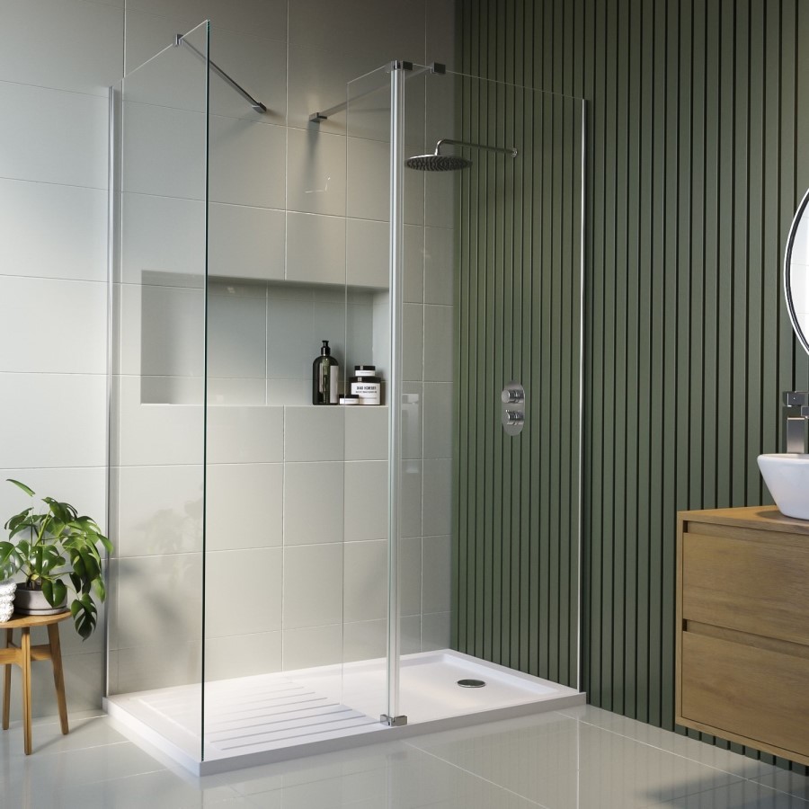 1300x800mm Chrome Walk-In Shower Screen Enclosure with 300mm Hinged Flipper Panel and Shower Tray – Corvus