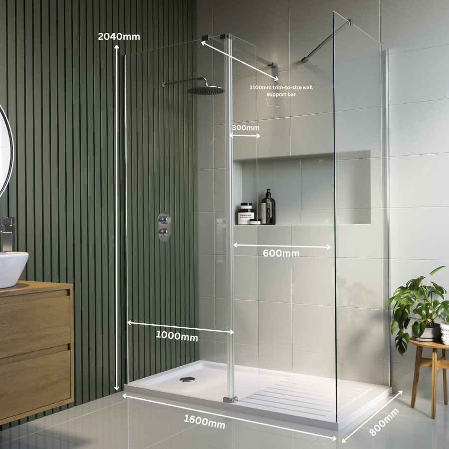 1600x800mm Chrome Walk-In Shower Screen Enclosure with 300mm Hinged Flipper Return Panel and Shower Tray – Corvus