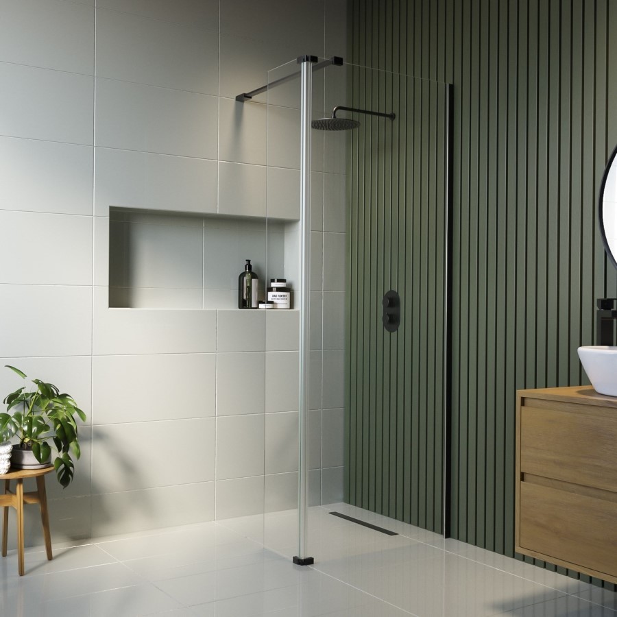 800mm Black Shower Screen for Wet Room & Walk In Shower with 300mm Hinged Flipper Return Panel – Corvus