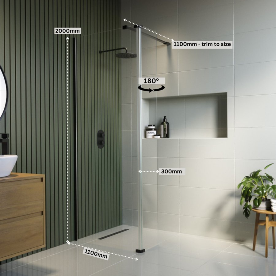 1100mm Black Shower Screen for Wet Room & Walk In Shower with 300mm Hinged Flipper Return Panel – Corvus