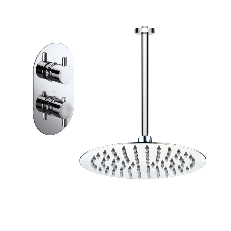 Chrome 1 Outlet Ceiling Mounted Thermostatic Mixer Shower Set - Flow