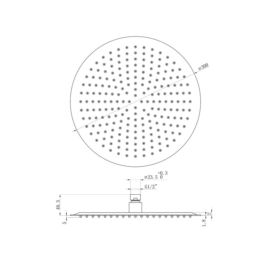 Flow Concealed Round 1 Outlet Shower Valve with 300mm Ultra Slim Shower Head and Wall Arm