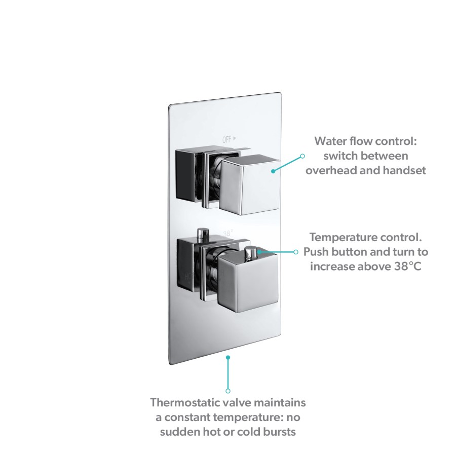 Chrome 2 Outlet Wall Mounted Thermostatic Mixer Shower Set with Hand Shower - Cube