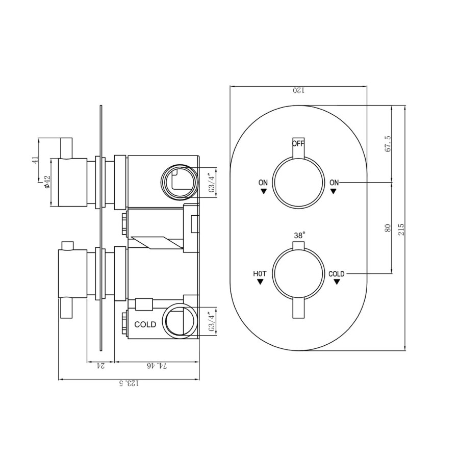 Chrome 2 Outlet Wall Mounted Thermostatic Mixer Shower Set with Hand Shower - Flow