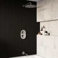 Chrome 2 Outlet Thermostatic Bath Mixer Shower Set With 300mm Wall Mounted Shower Head and Bath Filler Spout - Arissa