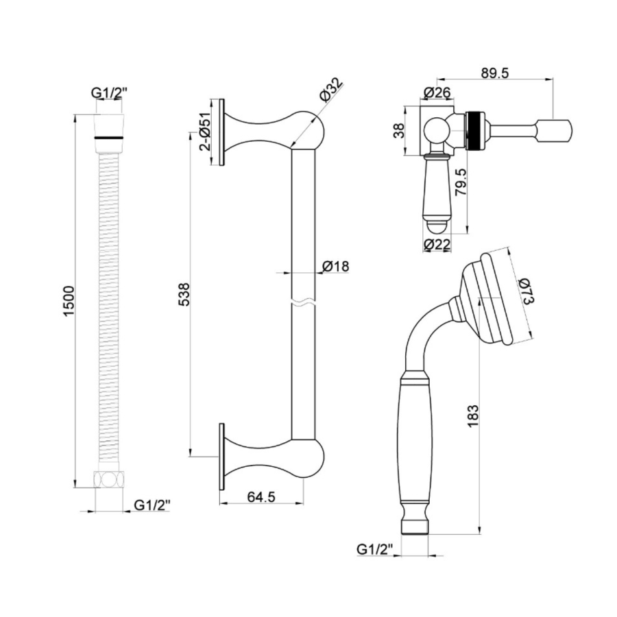 Chrome 2 Outlet Wall Mounted Thermostatic Mixer Shower Set with Hand Shower - Cambridge