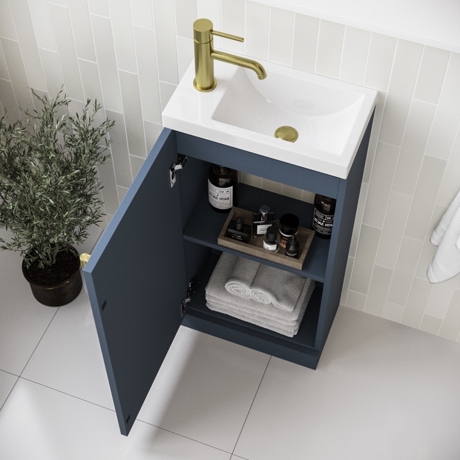 400mm Blue Freestanding Cloakroom Vanity Unit with Basin and Brass Handle - Ashford