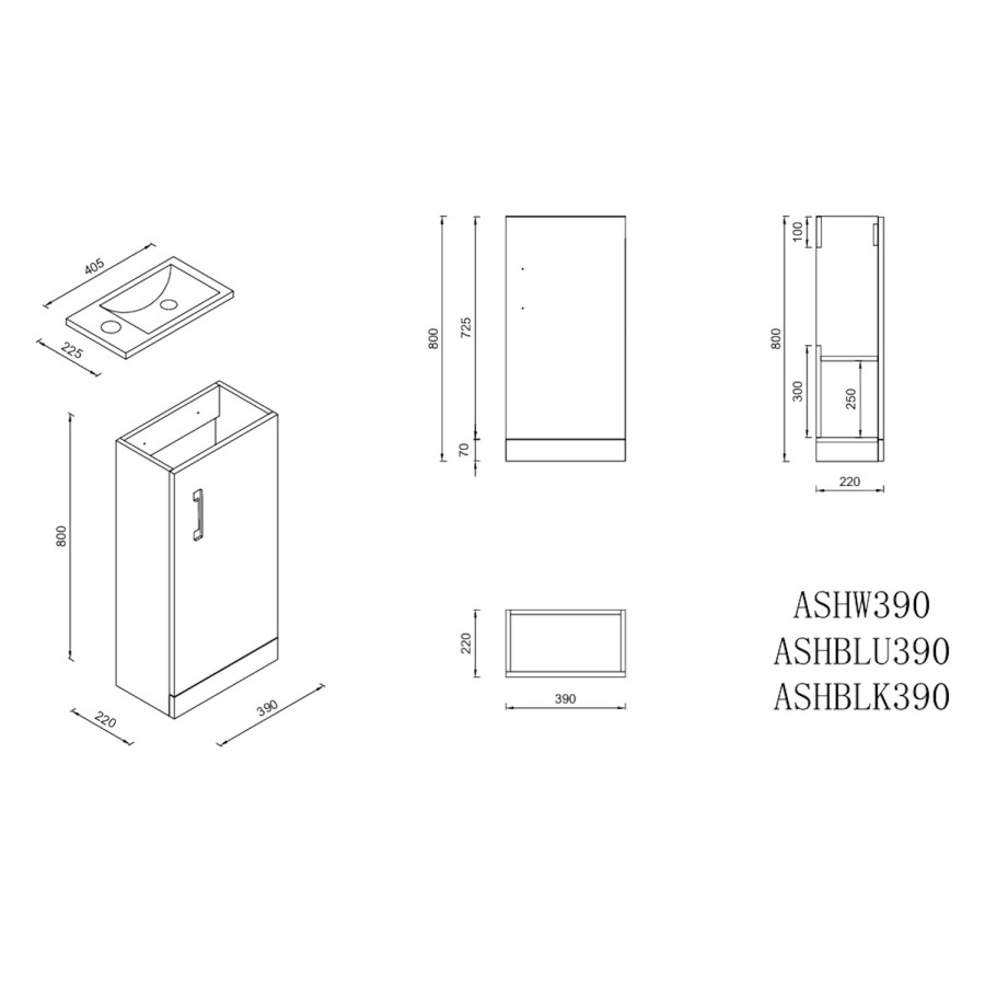 400mm Blue Freestanding Cloakroom Vanity Unit with Basin and Black Handle - Ashford