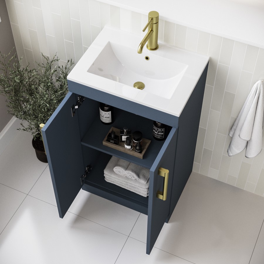 500mm Blue Freestanding Vanity Unit with Basin and Brass Handles - Ashford