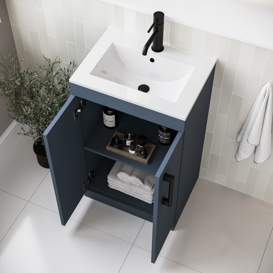 600mm Blue Freestanding Vanity Unit with Basin and Black Handles - Ashford