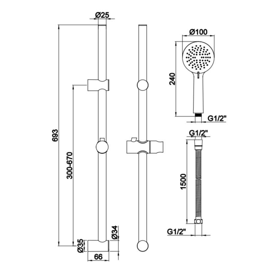 Black 1 Outlet Thermostatic Mixer Shower Set with Round Hand Shower & Slide Rail Kit - Arissa