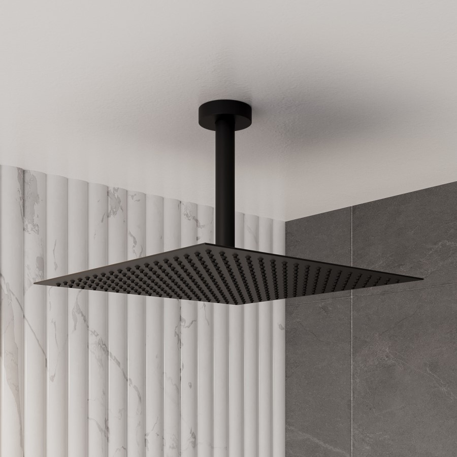 Zana Matt Black 250mm Slim Square Shower Head and Ceiling Arm