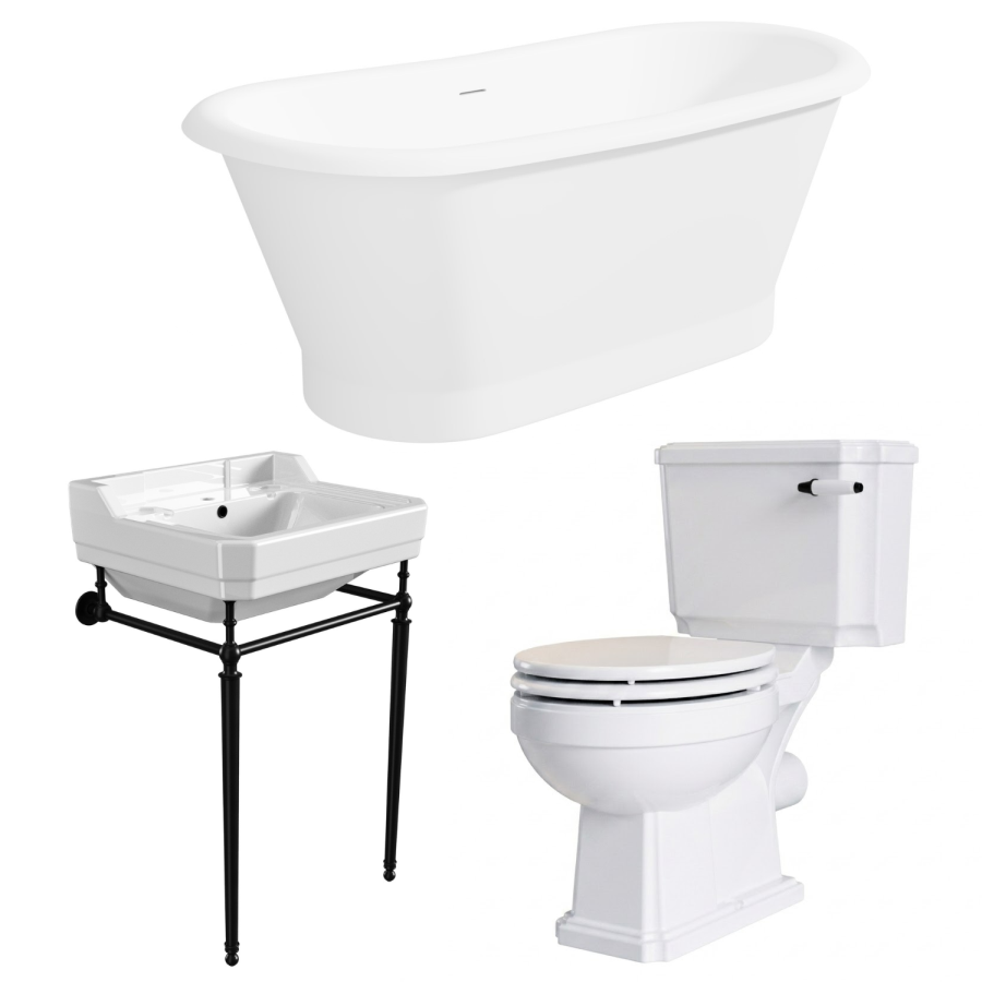 Traditional Freestanding Bath Suite with Toilet & Black Wash Stand with Basin - Helmsley