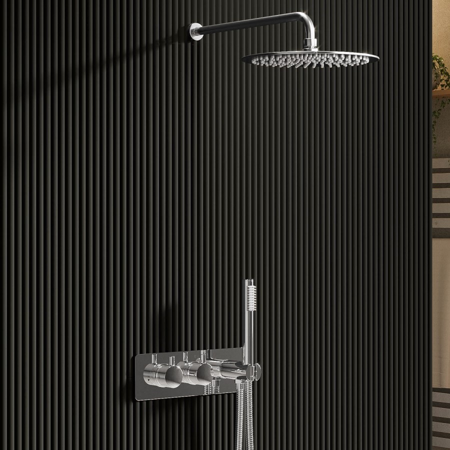 Chrome 2 Outlet Wall Mounted Thermostatic Mixer Shower Set with Integrated Hand Shower - Arissa