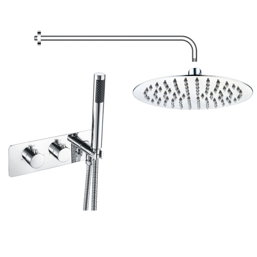 Chrome 2 Outlet Wall Mounted Thermostatic Mixer Shower Set with Integrated Hand Shower - Arissa
