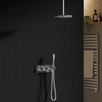 Chrome 2 Outlet Ceiling Mounted Thermostatic Mixer Shower Set with Integrated Hand Shower - Flow