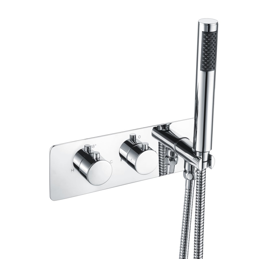 Chrome 2 Outlet Ceiling Mounted Thermostatic Mixer Shower Set with Integrated Hand Shower - Flow
