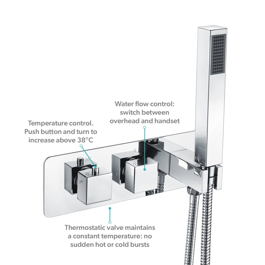 Chrome 2 Outlet Wall Mounted Thermostatic Mixer Shower Set with Hand Shower - Cube