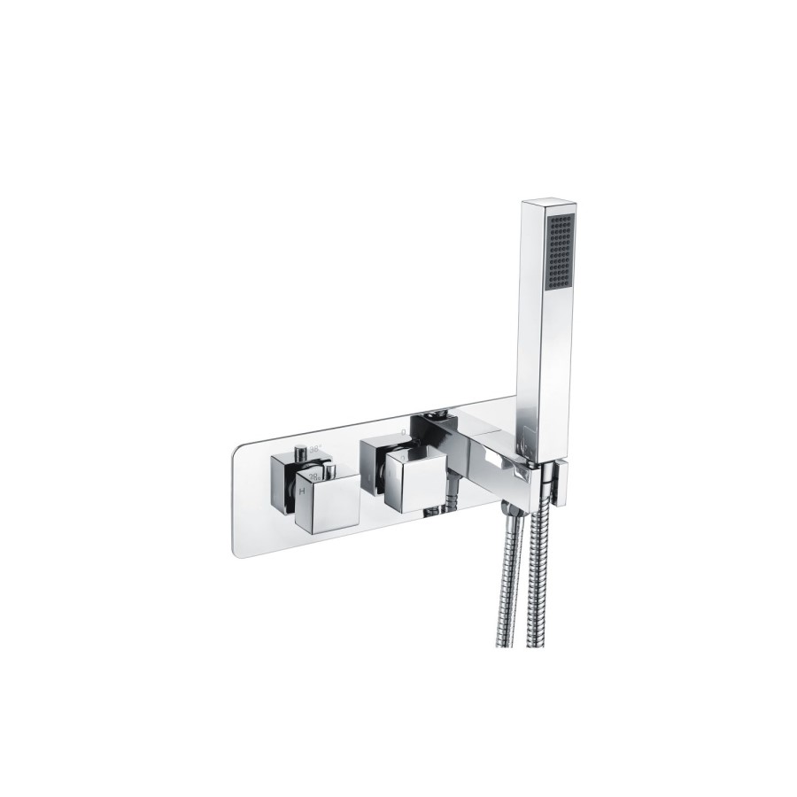 Chrome 2 Outlet Wall Mounted Thermostatic Mixer Shower Set with Hand Shower - Cube