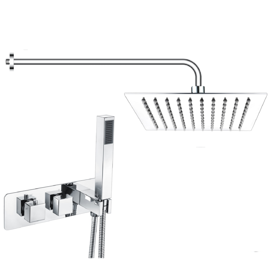 Chrome 2 Outlet Wall Mounted Thermostatic Mixer Shower Set with Hand Shower - Cube