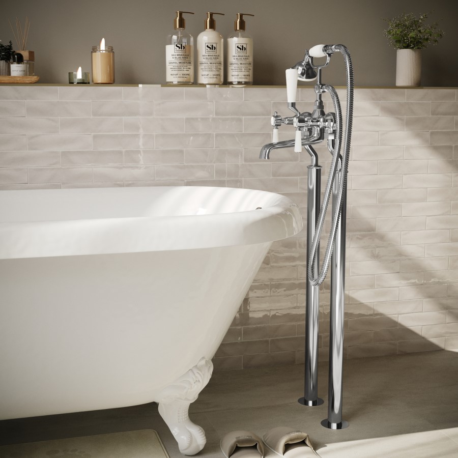 Chrome Freestanding Bath Shower Mixer Tap with Stand Pipes  - Helston