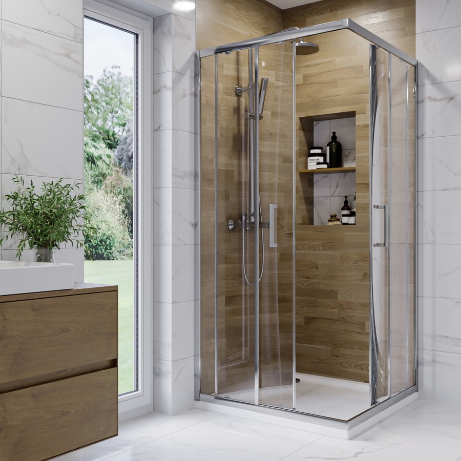 900mm Chrome 6mm Glass Square Corner Entry Shower Enclosure with Shower Tray - Carina