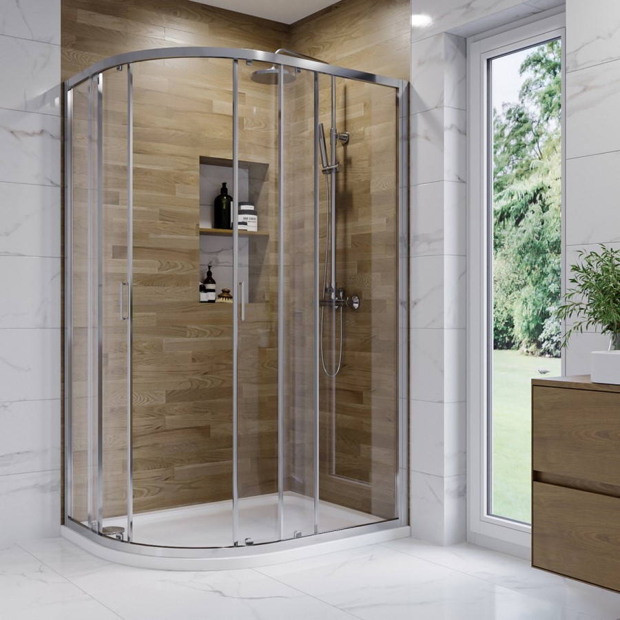 900x760mm Chrome 6mm Glass Left Hand Offset Quadrant Shower Enclosure with Shower Tray - Carina